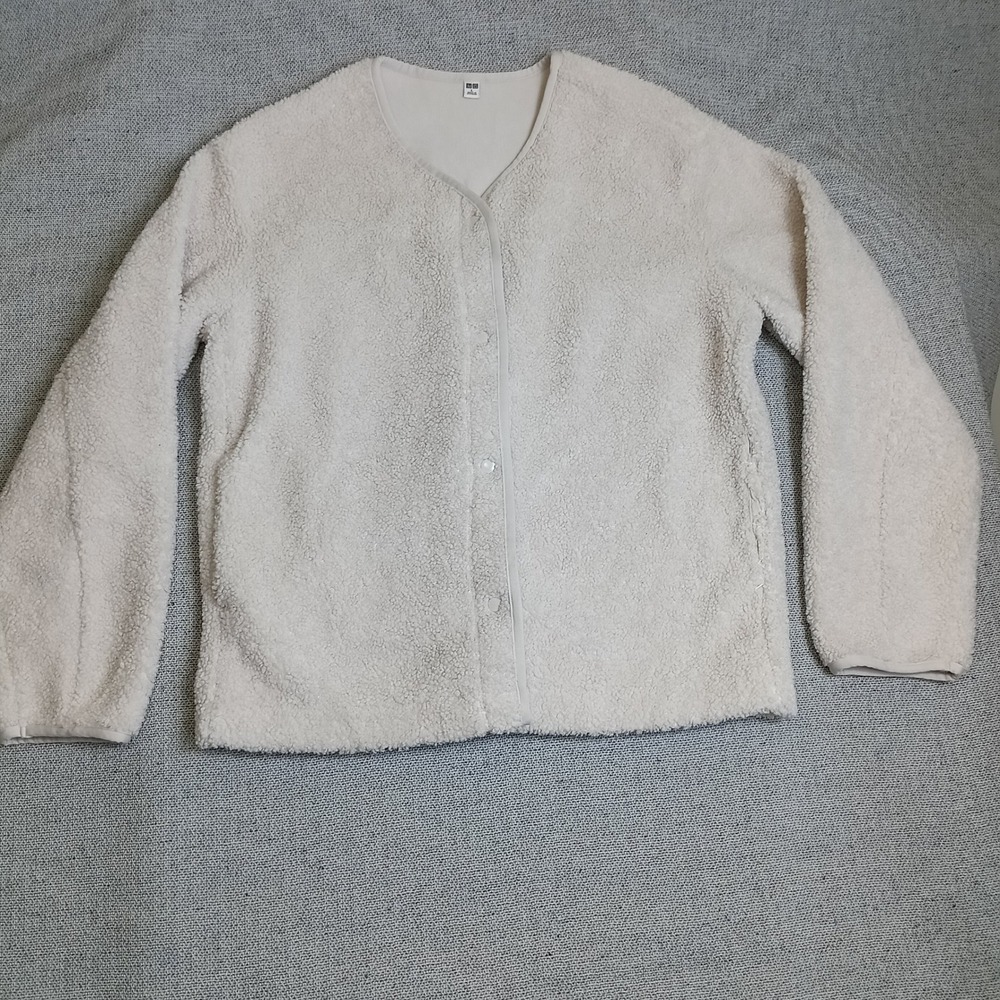 Uniqlo Fleece Cardigan Women Large Cream Good Snap Front Plush V-Neck Jacket